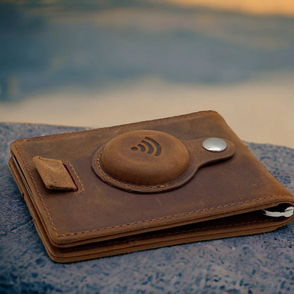 Full Grain Leather Airtag Wallet and Moto Tag Wallet (Coffee + Red Tab)