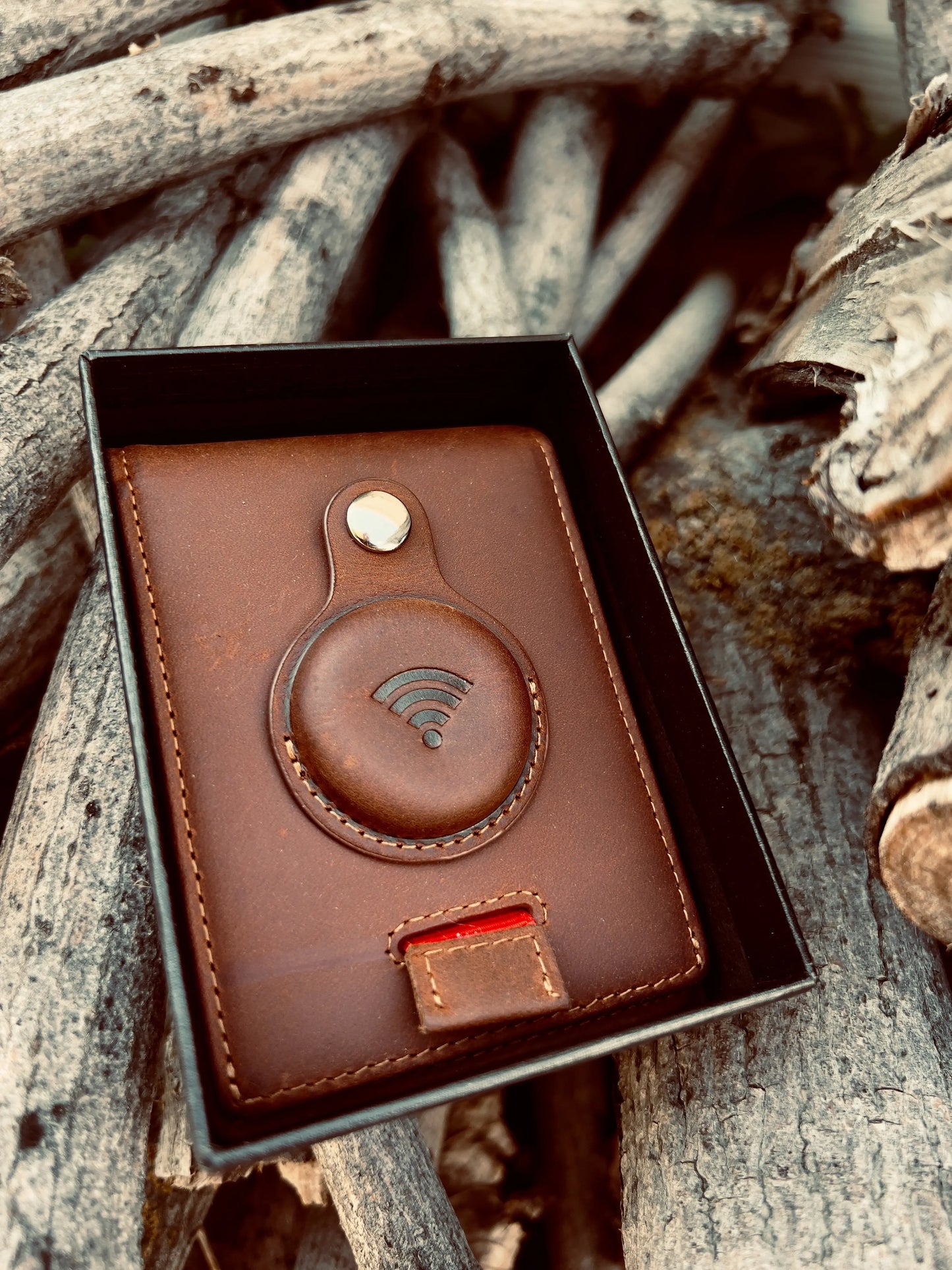 Full Grain Leather Airtag Wallet and Moto Tag Wallet (Coffee + Red Tab)