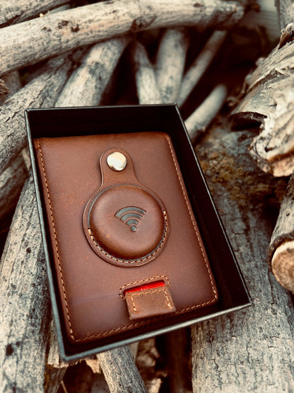 Full Grain Leather Airtag Wallet and Moto Tag Wallet (Coffee + Red Tab)