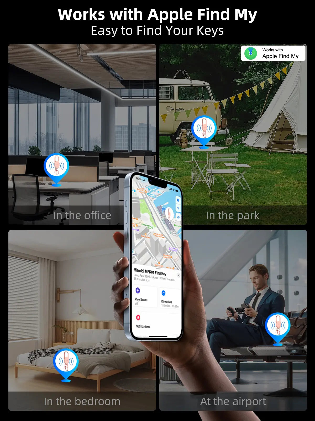 Keychain with Apple Find My(Ios Only), Key Finder Built-In Anti-Loss Tracker, Heavy Duty Key Holder, Premium Stainless Steel Keychain Carabiner Car Key Chains with GPS Global Locator Tracking Waterproof
