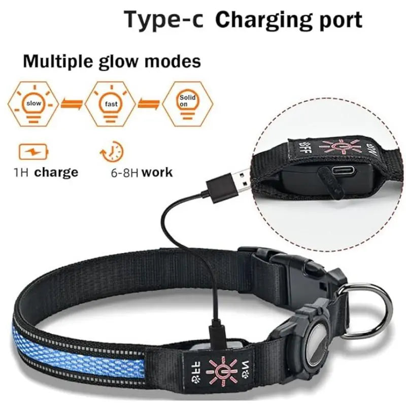 Rechargeable LED Airtag Pet Dog Tracker Collar, Led Safety Light, Smart Mini Tracker for Apple Find My Ios, USB PD Charging, Qr Code Dog Tag Holder