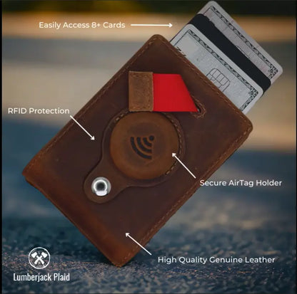 Full Grain Leather Airtag Wallet and Moto Tag Wallet (Coffee + Red Tab)