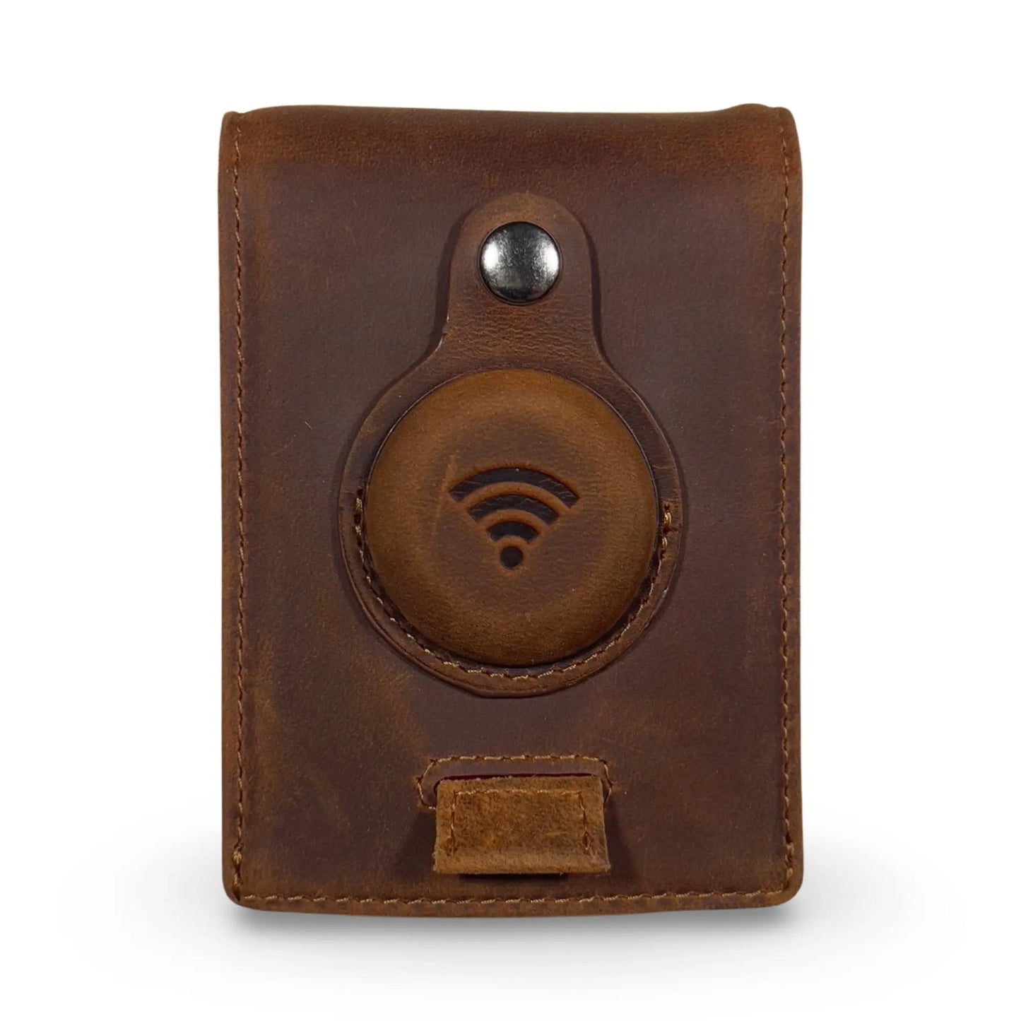 Full Grain Leather Airtag Wallet and Moto Tag Wallet (Coffee + Red Tab)