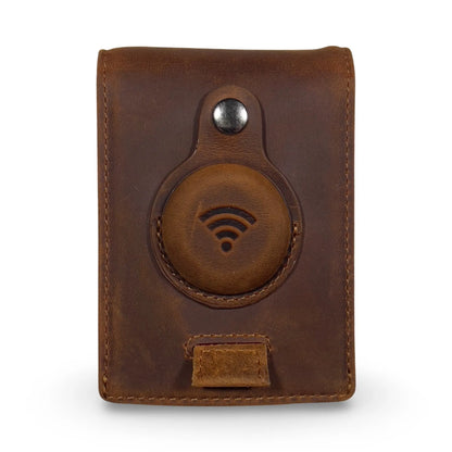 Full Grain Leather Airtag Wallet and Moto Tag Wallet (Coffee + Red Tab)