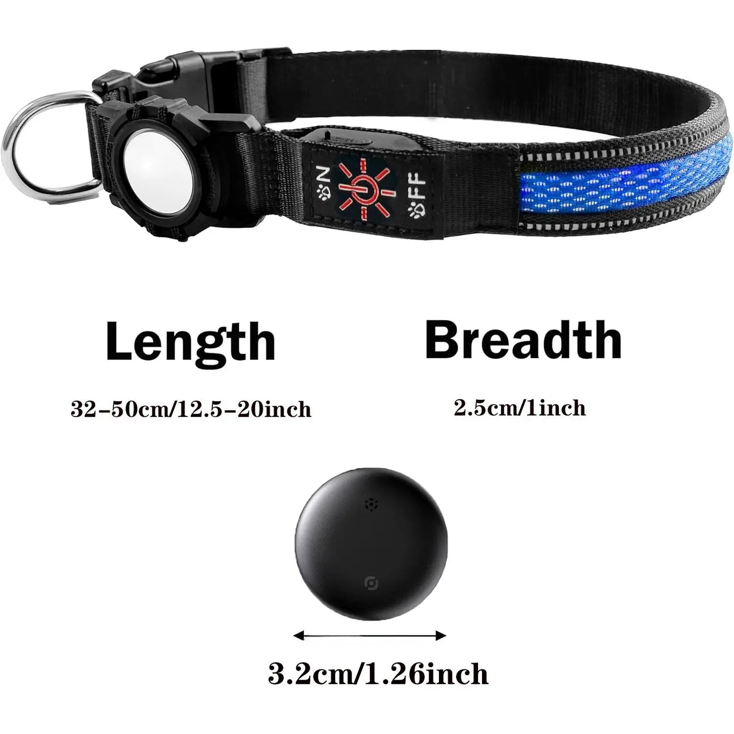 Rechargeable LED Airtag Pet Dog Tracker Collar, Led Safety Light, Smart Mini Tracker for Apple Find My Ios, USB PD Charging, Qr Code Dog Tag Holder