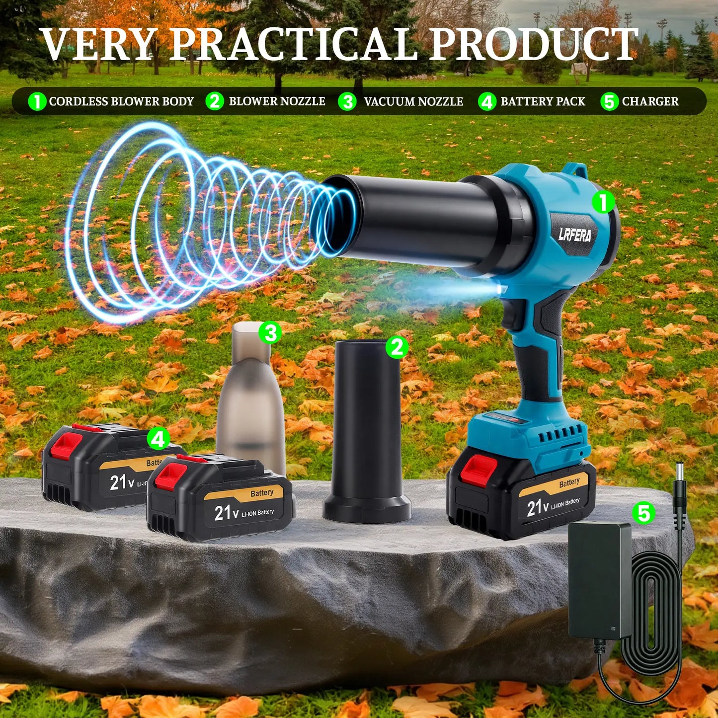 LRFERA 21V Cordless Leaf Blower and Vacuum - Dual Functionality with 3 Speed Modes, Includes 2 x 4.0Ah Batteries and Charger, 1200G Wind Pressure for Lawn Care, Patio Maintenance, Dust Removal, and Car Cleaning