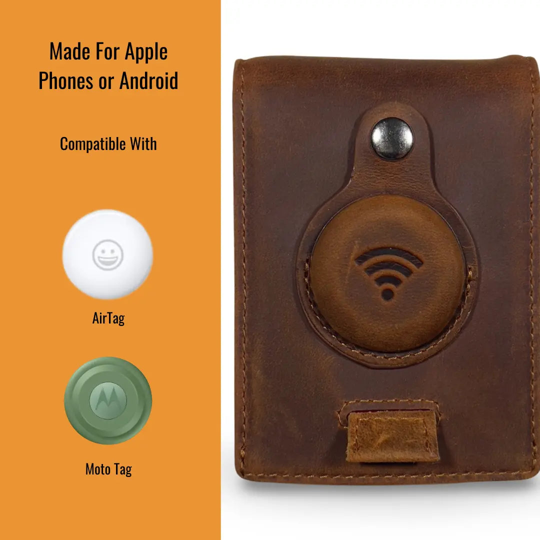 Full Grain Leather Airtag Wallet and Moto Tag Wallet (Coffee + Red Tab)