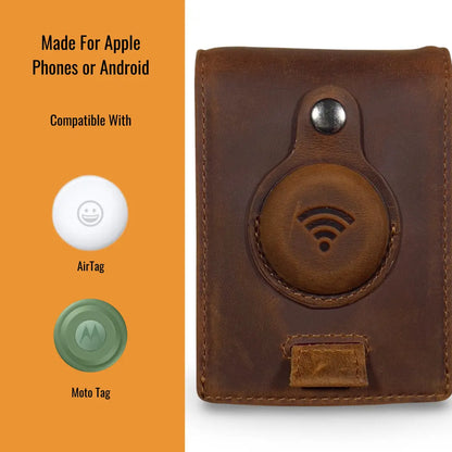 Full Grain Leather Airtag Wallet and Moto Tag Wallet (Coffee + Red Tab)
