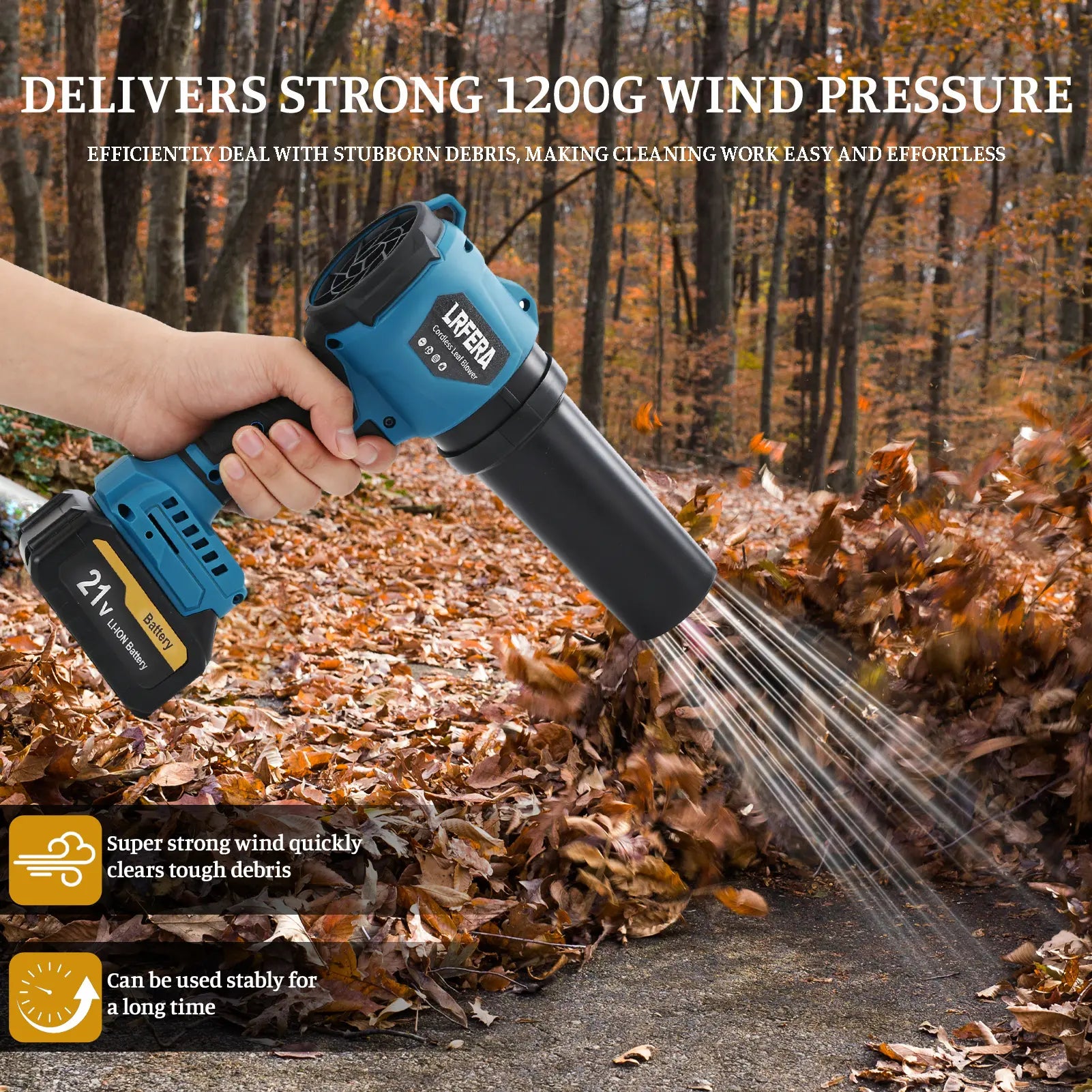 LRFERA 21V Cordless Leaf Blower and Vacuum - Dual Functionality with 3 Speed Modes, Includes 2 x 4.0Ah Batteries and Charger, 1200G Wind Pressure for Lawn Care, Patio Maintenance, Dust Removal, and Car Cleaning